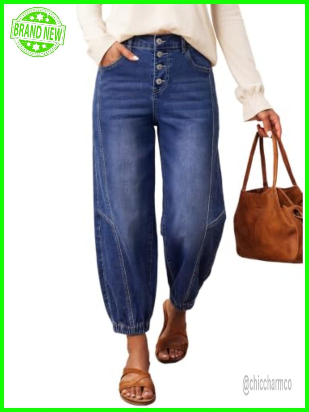 Barrel Jeans Women Button Front Baggy Denim Pants with Pockets